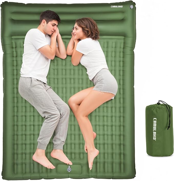 CAMULAND Double Camping Sleeping Pad 4.7 Ultra-Thick Self Inflating 2 Person Inflatable Mat with Built-in Pillow Foot Pump Waterproof for Backpacking Hiking Tent RV TravelOlive Green