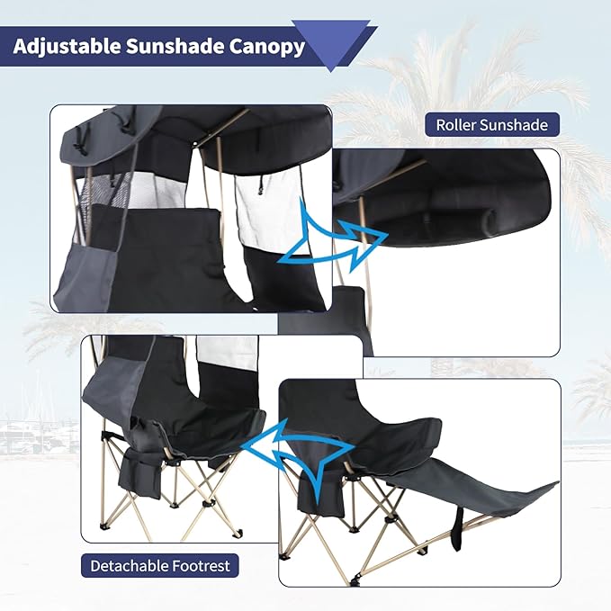Folding Camping Chairs Canopy Outdoor: Sports Portable Beach Chair with Canopy-Lawn Beach Chairs with Umbrella for Adults-Camping Chair with Shade for Fishing Camp Heavy Duty (Casual Grey)