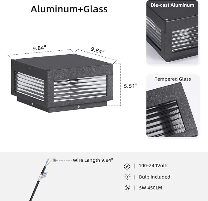 Outdoor Post Lights 9.84 Hard Wired Column Pillar Light Waterproof Modern Lamp Posts AC100-240V LED Square Lantern for Fence Driveway Patio Garden Backyard