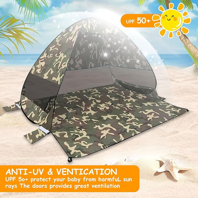 Beach Tent Sun Shelter Outdoor Tent for 1-4 Persons with Carrying Bag and 6 Ground Pegs for Family Outdoor Adventures Camping Picnics (Camouflage)