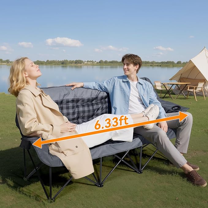3 Person Camping Chair Padded Loveseat Camping Chair Folding Camping Couch Portable Double Camping Chairs Heavy Duty Camp Chair for Adults Outdoor Lawn with Two Cup Holders and Carry Bag