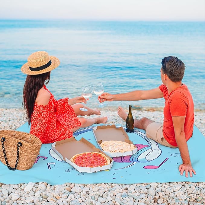 Waterproof Sandproof Beach Blanket 59''×68'' Music Headphones Polyester Outdoor Picnic Blanket with 4 Stakes &amp Storage Bag for BeachCampingVacation Blue