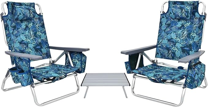 COSTWAY Backpack Beach Chairs Set 3-Piece Portable Camping Chairs with Cup Holder Ice Bag 5-Position Outdoor Reclining Chairs for Adults Travel Sunbathing Support 300 LBS Navy