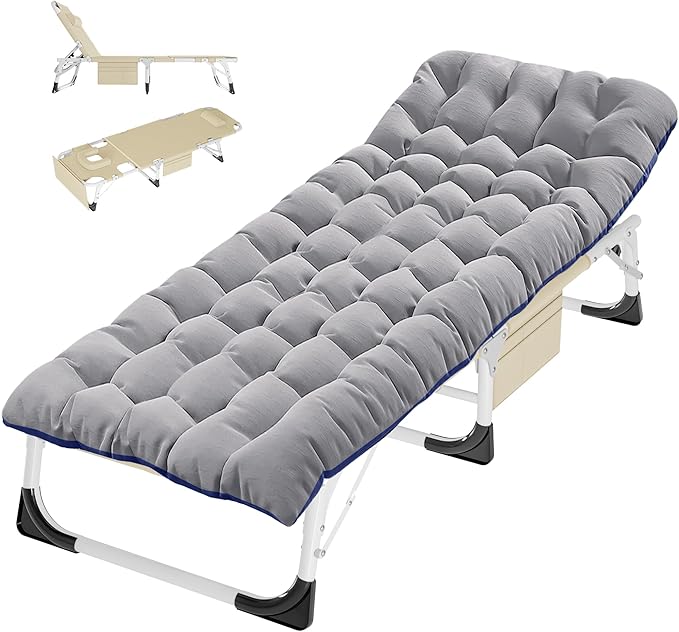 ABORON Folding Camping Cot W/Mat &amp Face Arm Hole for Adults Adjustable Heavy Duty Outdoor Bed1200 D Layer Oxford Travel Camp Cots for Beach Pool LawnYard Patio