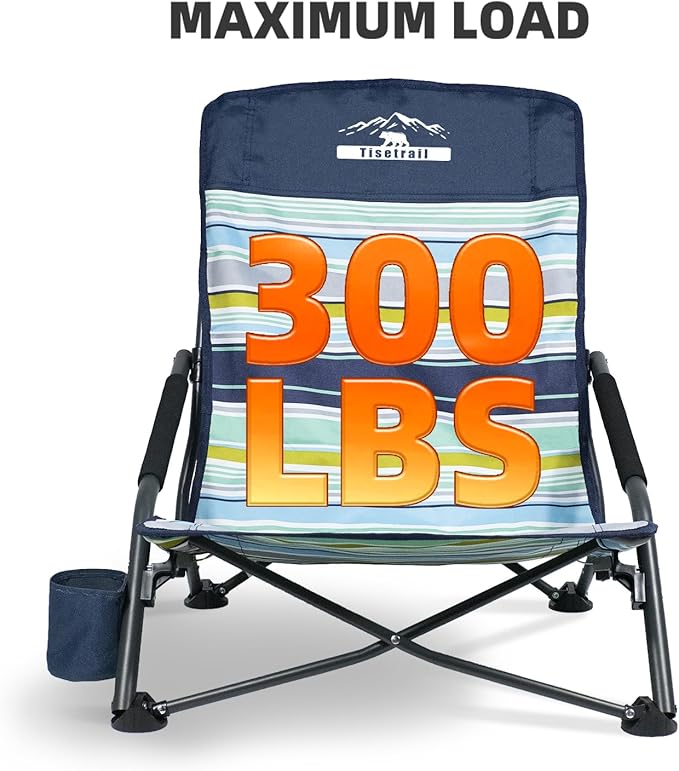 Portable Beach Chair for Adults Low Back Sling Chair with Cup Holder Folding Sand Chair Lightweight Lawn Chair for Beach Lawn Camping Concert Travel Supports 300lbs