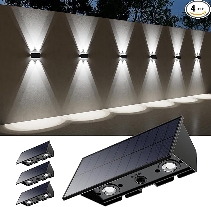 4 Pack Solar Powered Wall Lights for Outside Up and Down Fence Mount LED Outdoor Decorative Waterproof Lamps for Porch Deck Patio Yard Gate 4 Lenses Designed for Accent Lighting (Cool White)