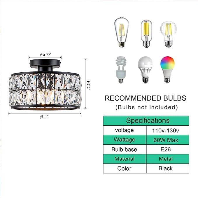 Crystal Ceiling Light Modern Flush Mount Ceiling Light Black Crystal Chandelier for Kitchen Bedroom Bathroom Entryway Hallway 1 Light