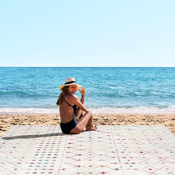 Boho Moroccan Beach Blanket Sandproof Large 78×86 Beach Mat Sand Free Waterproof Fits Up to 4 Adult Compact Quick Dry Polyester Outdoor Picnic Blanket with Stakes for Travel Camping Hiking