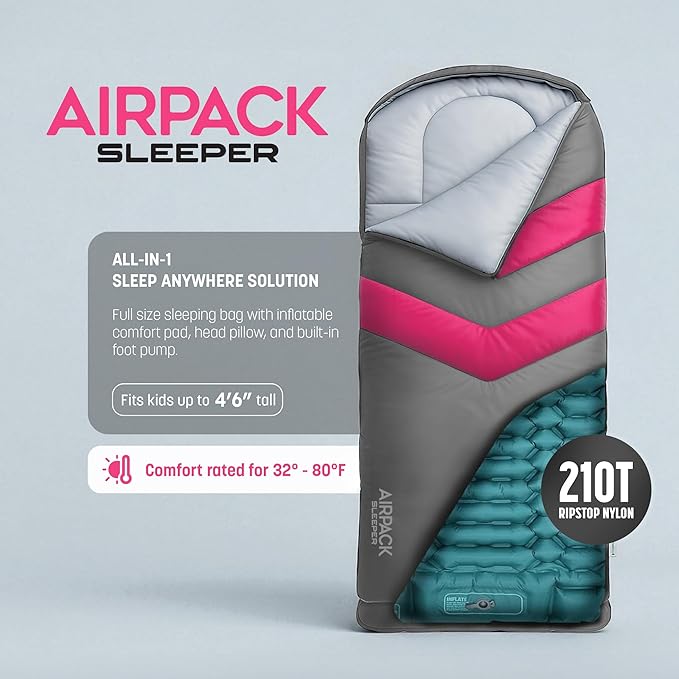 Kids Sleeping Bag with Built-in Pad (Fits Up to 4'6) All-in-One Inflatable Mattress Pad with Built-in Foot Pump - for Sleepovers Camping and Travel (Gray/Pink)