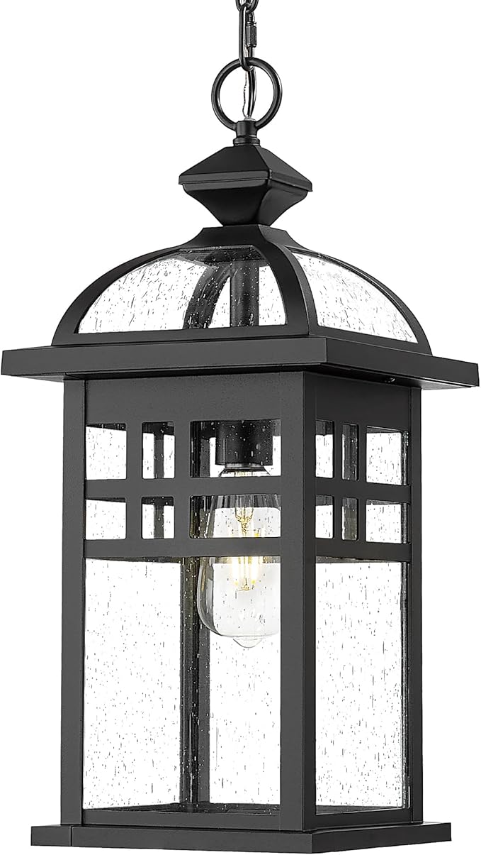 Emliviar 20 Inch Outdoor Pendant Light for Porch Outdoor Chandelier for Porch Die-Cast Aluminum with Seeded Glass Black Finish DE281H-M BK