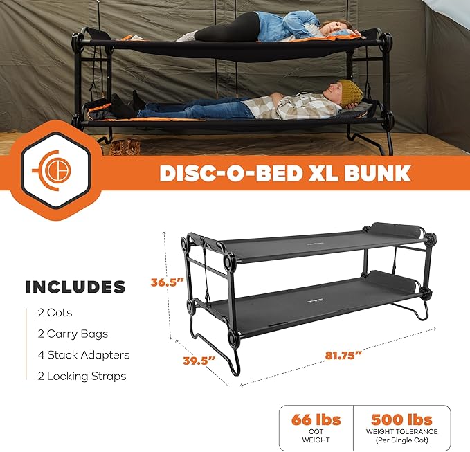 Disc-O-Bed Extra Large Portable Bunk Camping Cots with Carry Bags - Heavy-Duty Indoor or Outdoor Sleeping System Converts to Bench or Separate Beds 500 lb Weight Capacity Per Cot Black