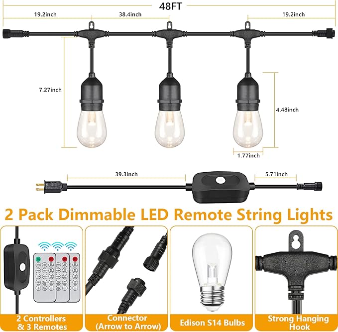 Mlambert 96Ft(2x48ft) 3-Color in 1 48Ft LED Dimmable Outdoor String Lights with Remote Plug-in 2700K/4000K/5000K Waterproof Lights for Patio Cafe