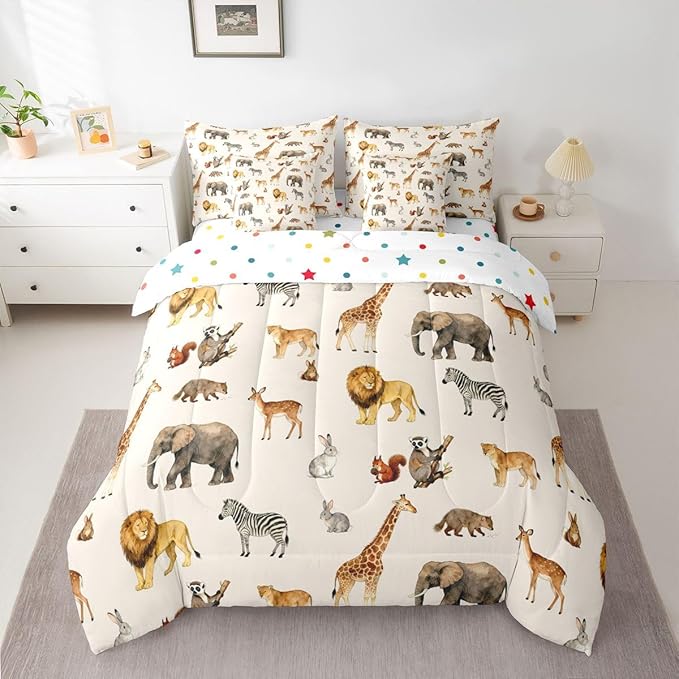 Zoo Animal Comforter Set with SheetsPillowcases &amp Cushion Cover Cute Giraffe 7 Piece Bedding Set for Kids Boys Girls Teens Room Decor Cartoon Animal Bed in a Bag Full Size Wildlife Microfiber