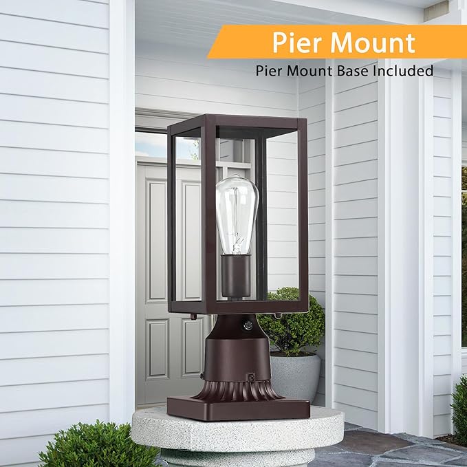 Dusk to Dawn Outdoor Post Lights with Pier Mount Base 2-Pack Modern Lamp Post Light Fixture Waterproof Pole Lights Outdoor Column Lights Exterior Post Lantern with Clear Glass for Garden Patio Brown