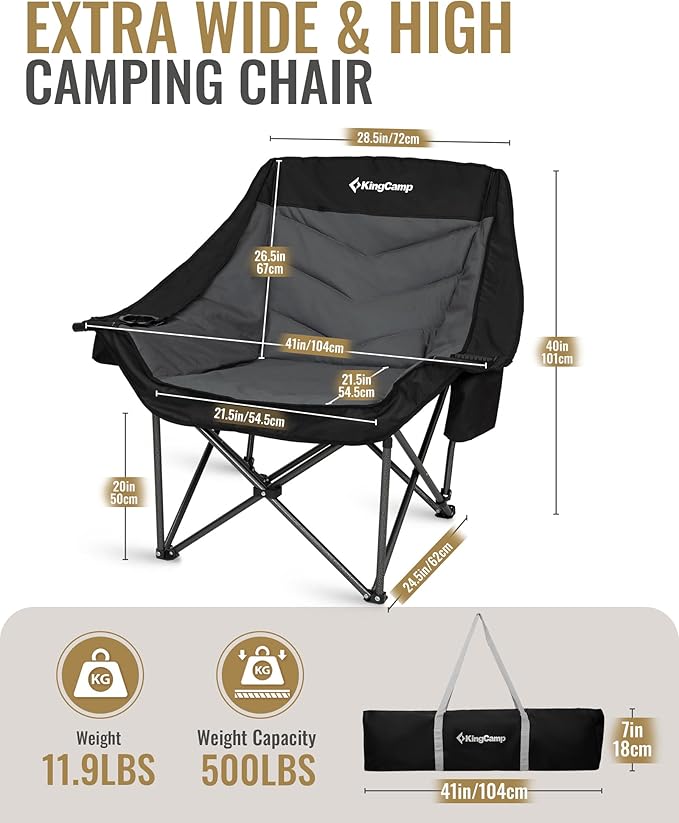KingCamp Oversized XL Camping Chair Heavy Duty 500lbs Folding Couch for Adults Padded Large Comfortable Sofa Seat with Cooler Bag Cup Holder for Outdoor Sports Fishing Patio Lawn
