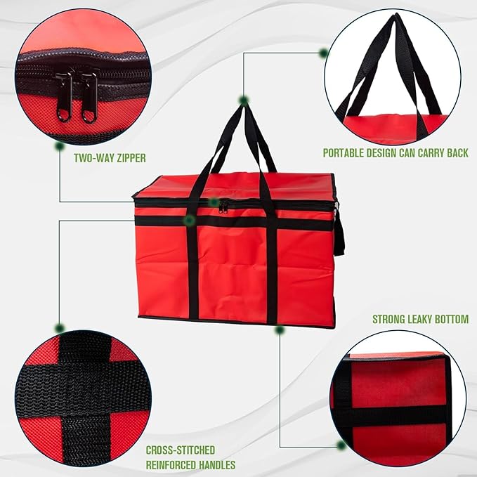 Insulated Food Delivery Bag XXXL Commercial Food Warmer Bag for Hot and Cold Catering Delivery Insulated Reusable Grocery Bags (4 Pack Red)