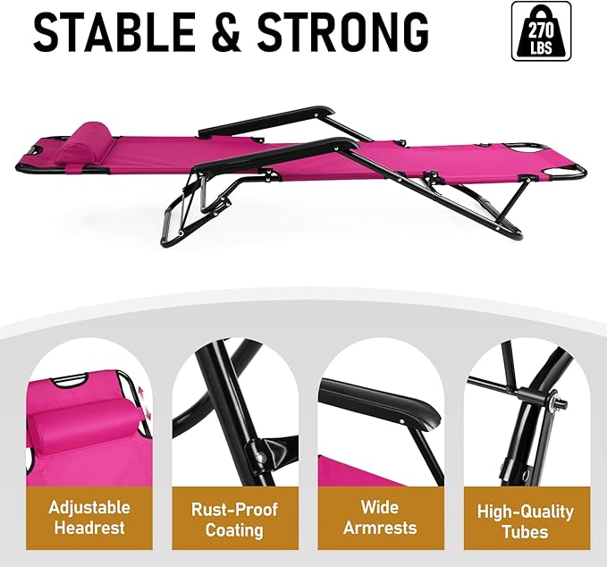 Reclining Camping Chair Portable Dual Purposes Extendable Folding Reclining Chair4 Adjustable Positions Patio Beach Chair for AdultsLawn Lounge Chairswith Headrestfor Garden Pool Sports (Pink)