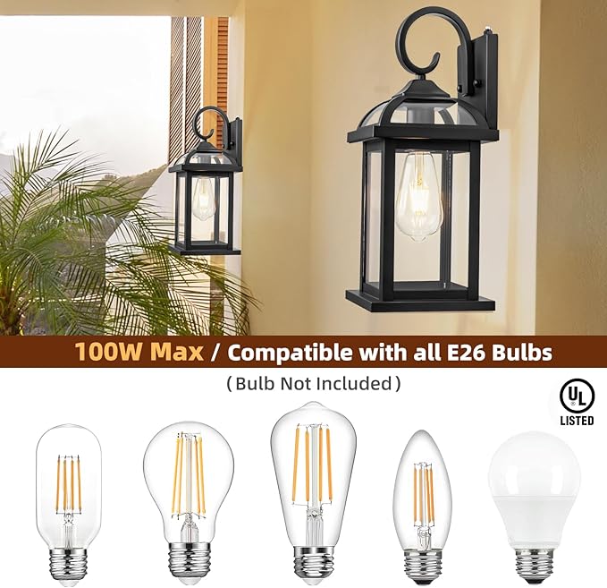 2-Pack Outdoor Wall Lights Dusk to Dawn 15 Inch Aluminum Anti-Rust Exterior Light Fixture with IP65 Clear Tempered Glass Large Outside Wall Sconce Lanterns for House Matte Black