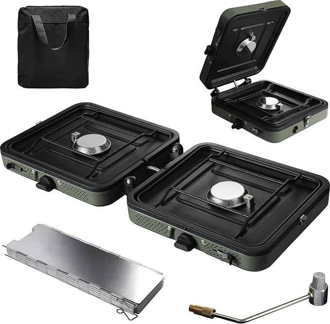 2 Burner Camping Stove with Windscreen 12 Plates Foldable Portable Aluminum Camping Stove Windshield Folding Gas Stove with 17200 BTU Adjustable Burners Suitable for Propane &amp Butane