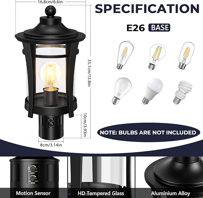 Lotsky Motion Sensor Outdoor Post Lights360°Detection Dusk to Dawn Lamp Posts Light Fixture with 3 ModesBlack Aluminum Hardwired Outside Pole Lantern for GardenDrivewayPatioWaterproofE26 Base