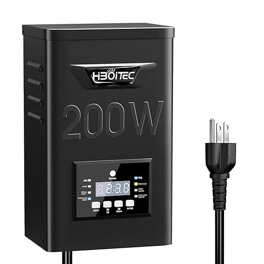 HIBOITEC 200W Low Voltage Landscape Transformer Outdoor Lighting Transformer with Photocell Sensor and Timer 120V AC to 12V/15V AC Weatherproof Transformers for Landscape Lighting Path Lights