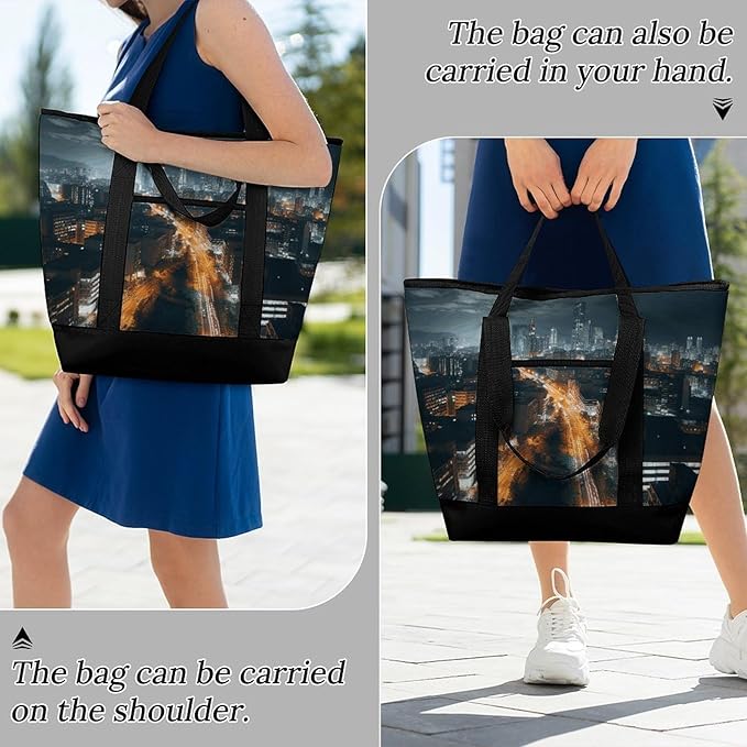 Insulated Shopping BagLarge Reusable Cooler Bags City Night View Printed Foldable Shopping BagTravel Waterproof Shoulder Bag
