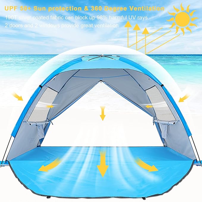 G4Free Portable Beach Tent 2-3 Persons Sun Shade Shelter UPF 50+ Sport Umbrella Canopy with Extendable Floor Foldable Lightweight