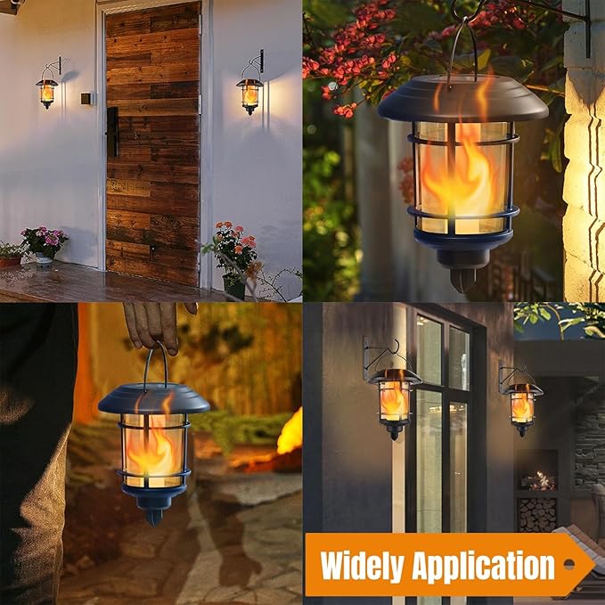 Dynaming 4 Pack Solar Flame Wall Lanterns Outdoor Solar Powered Wall Mounted Sconce Lights Flickering Flame LED Light Auto On/Off Hanging Lights Waterproof for Garage Stair Patio Porch Yard