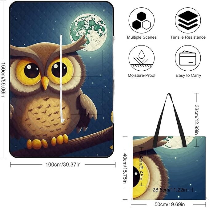 Zipper Owl and Yellow Moon Style Picnic Mat Suitable for Travel Camping Park Or Home Use