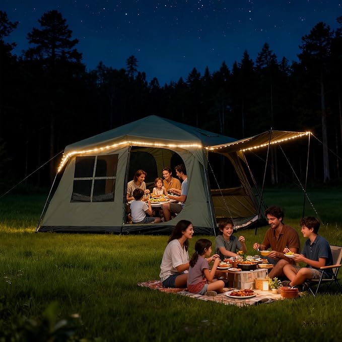 6-8 Person Camping Tent with Porch Large Family Cabin Tent with 2 Rooms 3 Doors Tall &amp Spacious Waterproof Glamping Tent Big Tents for Outdoor Camping Hiking Backyard