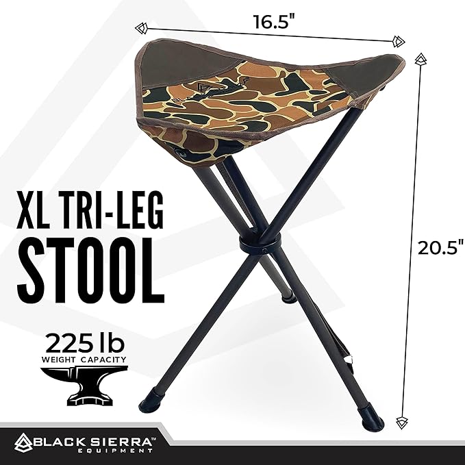 Black Sierra Folding Hunting Stool w/Shoulder Strap Supports 225 lbs Lightweight Collapsible Tripod Seat Foldable Steel Frame Chair Perfect for the Hunting Blind