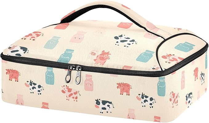 Casserole Carrier Cute Cow and Milk BottleInsulated Casserole Carrier for Hot or Cold Food Thermal Lunch Tote for Potluck Parties Picnic Beach Fits 9 x 13 Inches Baking Dish