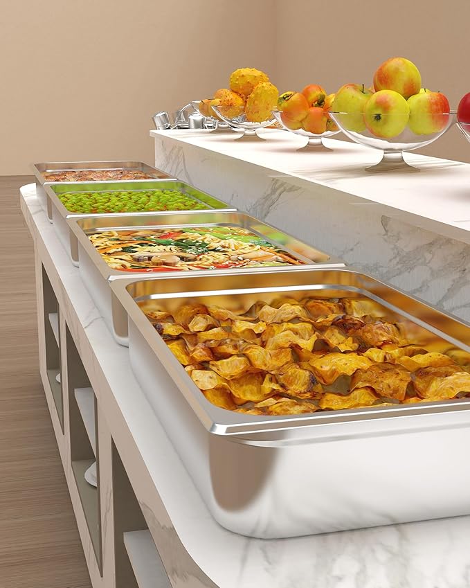 ACEKOOL 6 Pack 4 Hotel Pans Stainless Steel Catering Pans Deep Steam Table Pan Storage Food Tray Anti-Jam Steam Table Food Chafing Dish Pan for Catering Buffet