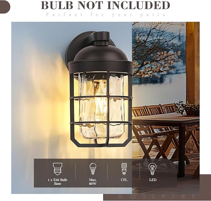 Emliviar Retro Wall Lamp Wall Mounted for House Medium 1-Light Exterior Wall Lighting with Metal Cage Oil Rubbed Bronze with Water Ripple Glass Shade GE255BL ORB-WG