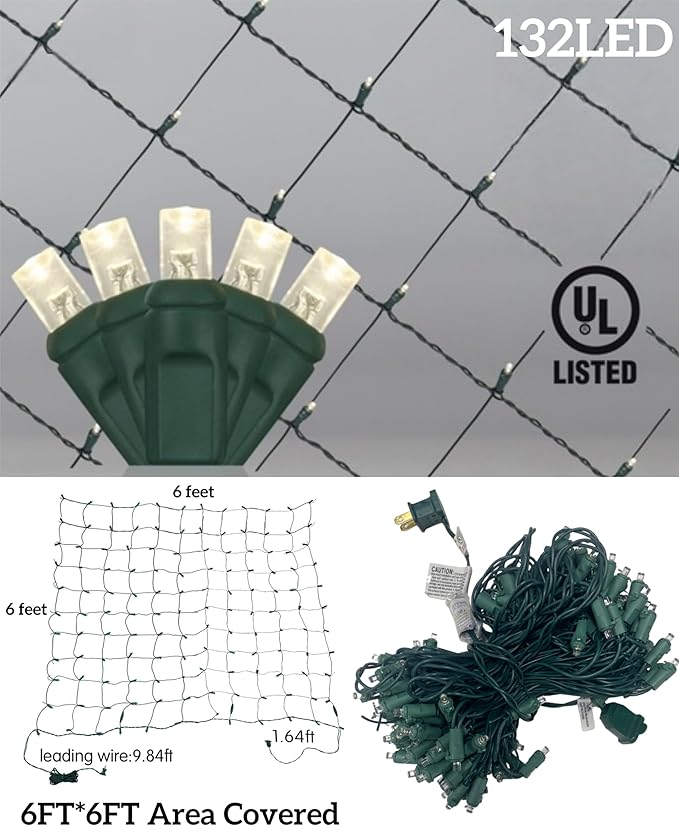 Led Christmas Net Lights for Bushes 132 Led 6ft x 6ft Christmas Net Lights Outdoor Mesh Tree Trunk Green Wire Christmas Decorations for BushesTreeShrubsXmas(Warm White)