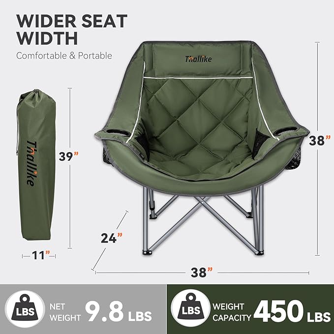 Heated Oversized Camping Chair for Adults Portable Folding Padded Chair with 3 Heat Levels Cup Holder Side Pocket and Carry Bag for Camping Outdoor Sports Picnic Lawn Supports up to 450lbs
