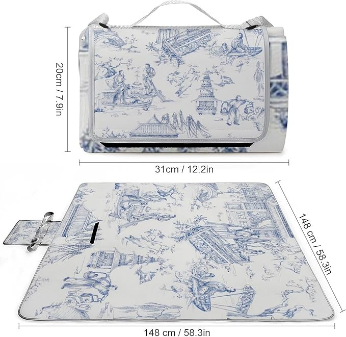 Blue and White Chinese Folk Chinoiserie Style Waterproof Outdoor Picnic Blanket Sandproof Beach Mat for Camping Hiking Grass Travelling