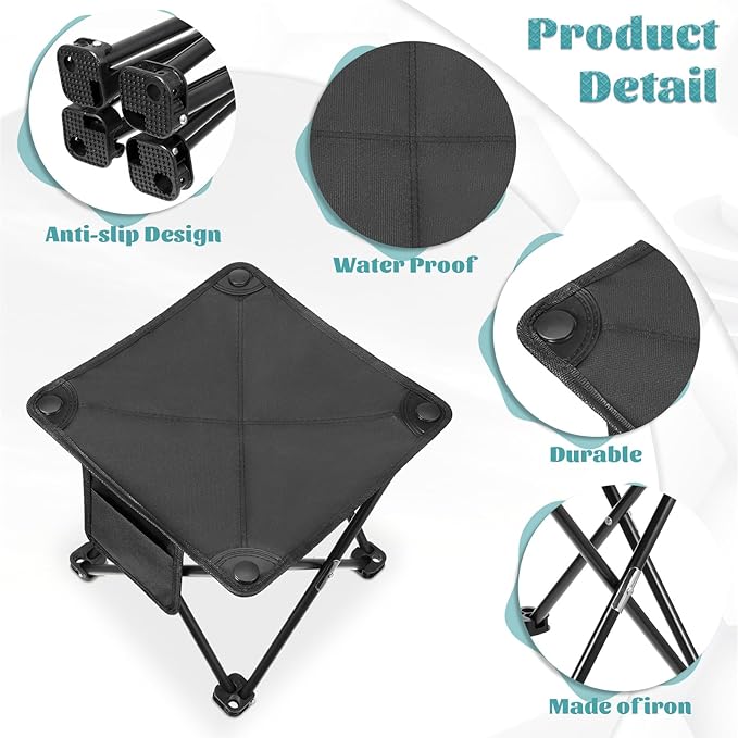 2 Pack Camping Stool 13 Inch Portable Folding Camp Stool with Side Pocket for Camping Fishing Hiking Gardening Outdoor Walking Foot Stools with Carry Bag Black