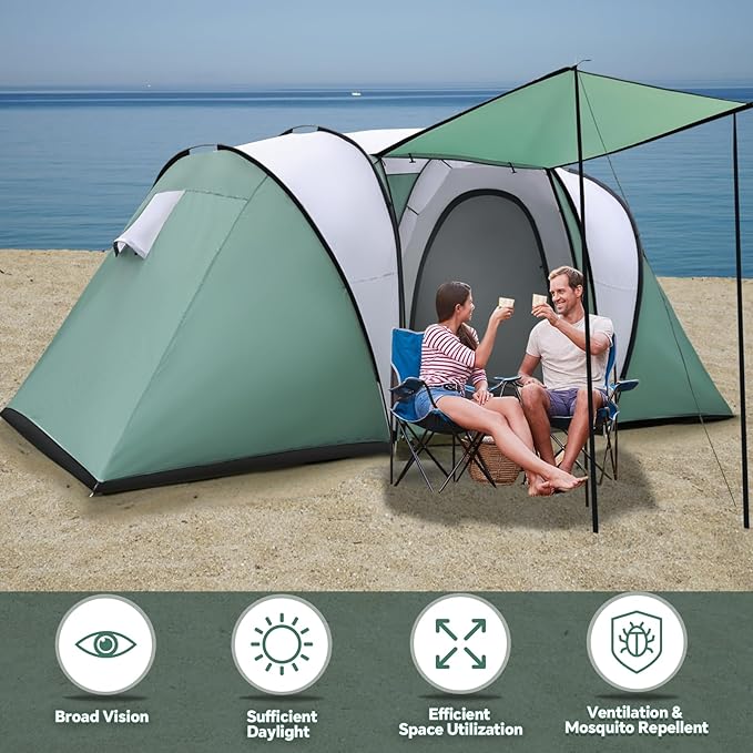 2-4 Person Family Camping Tent with Porch Weatherproof Camping Shelter with Rainfly 2 Room Easy Set Up Family Tent with Living Area for Outdoor Backyard Hiking