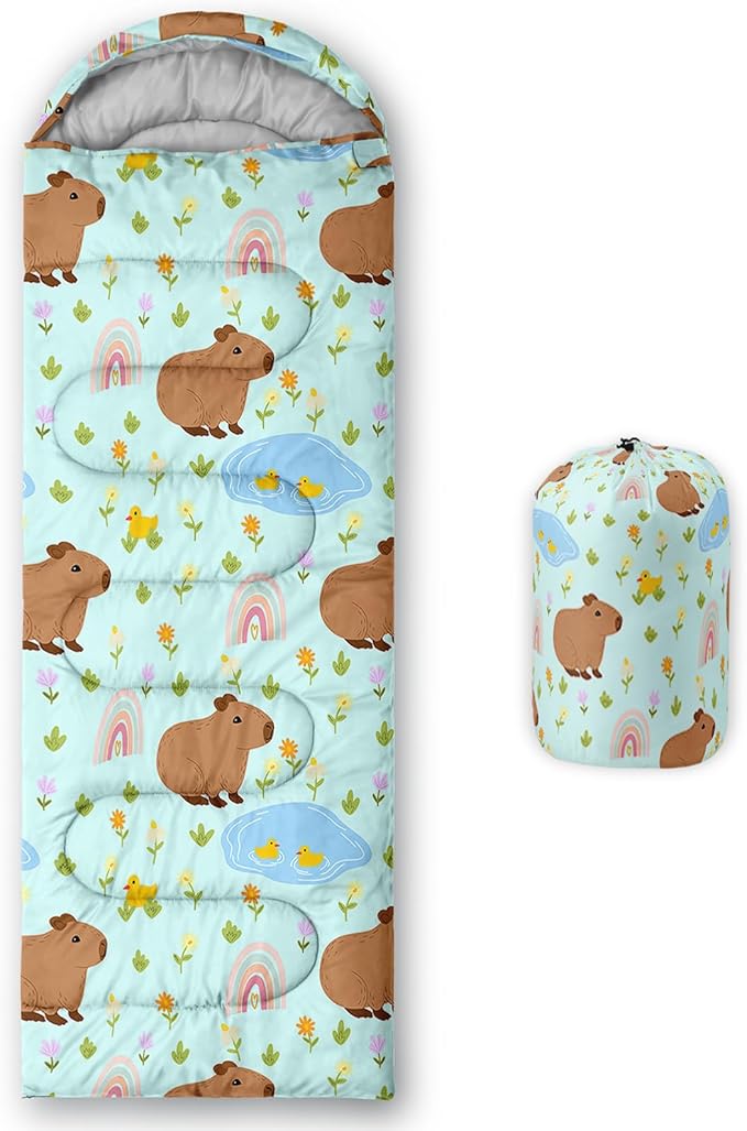 Kawaii Capybara Sleeping BagRainbow Duck Floral Compact Waterproof Camping Bag for Kids Girls BoysCute Cartoon Capibara Warm Backpacking for Traveling Outdoor Hiking Camping Gear Equipment