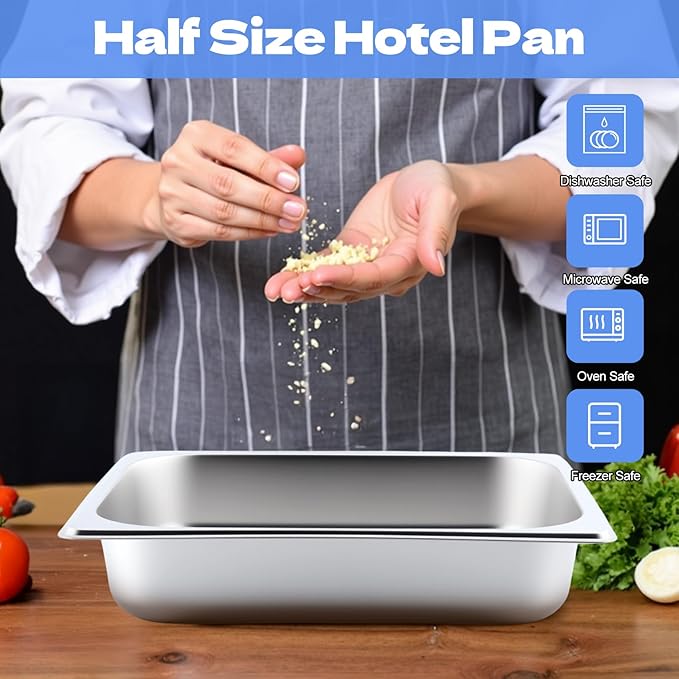 4 Pack Hotel Pans 1/2 Size 2.5 Inch Deep Stainless Steel Steam Table Pan Half Size Catering Food Pans Catering Food Storage Metal Pan for Home Party Hotel Buffet Restaurant