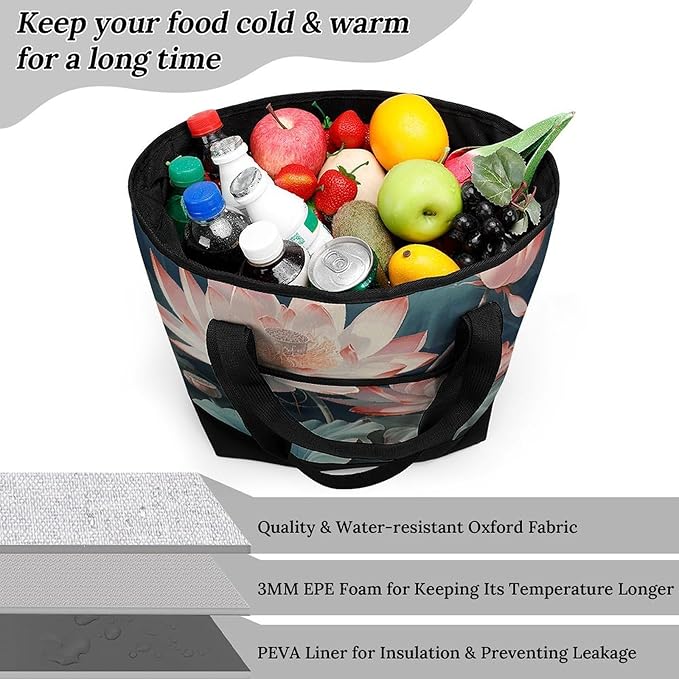 Insulated Shopping BagLarge Reusable Cooler Bags Dragonfly And Lotus Printed Foldable Shopping BagTravel Waterproof Shoulder Bag