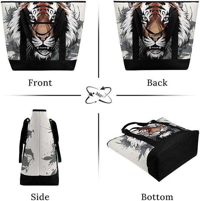 Insulated Shopping BagLarge Reusable Cooler Bags Black And White Doodle Tiger Printed Foldable Shopping BagTravel Waterproof Shoulder Bag
