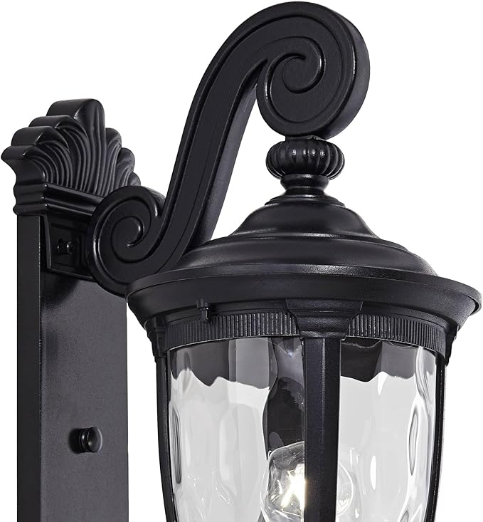 John Timberland Bellagio European Outdoor Wall Light Fixture Texturized Black Dual Scroll Arm 24 Clear Hammered Glass for Exterior House Porch Patio Outside Deck Garage Front Door Garden Home