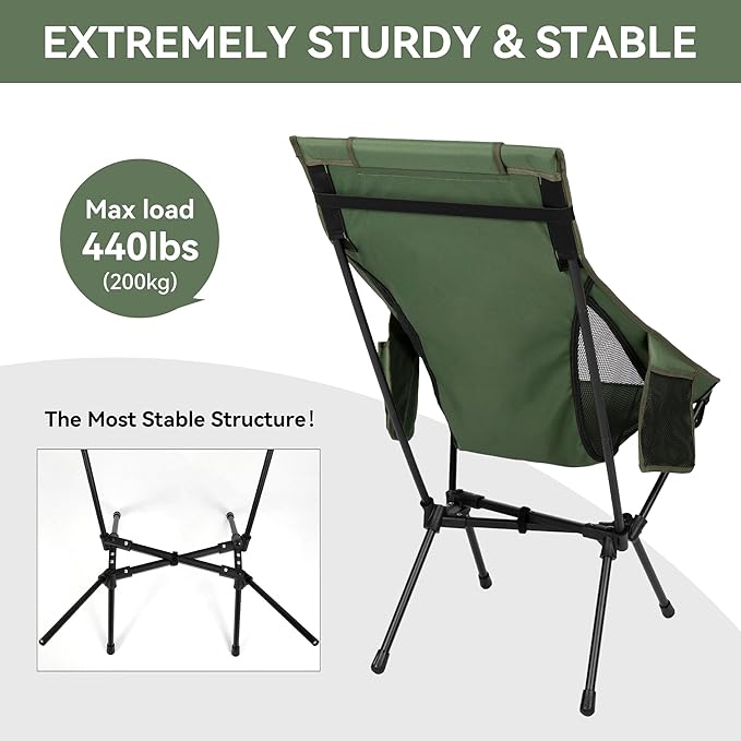 High Back Camping Chair Supports 440 lbs Portable Folding Backpacking Chair with Detachable Pillow for Camping Hiking &amp Travel(Green)