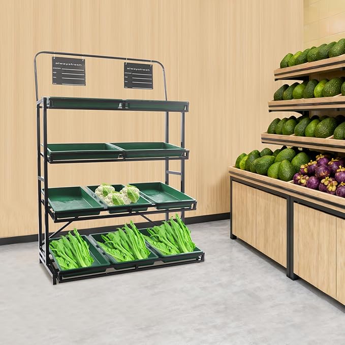 4 Tier Supermarket Fruit Vegetable Storage Rack Retail Display Rack Market Shelf with 10 Slanted Baskets &amp 2 Product Labels Floor Standing Metal Fruit Vegetable Snacks Display Shelf Organizer