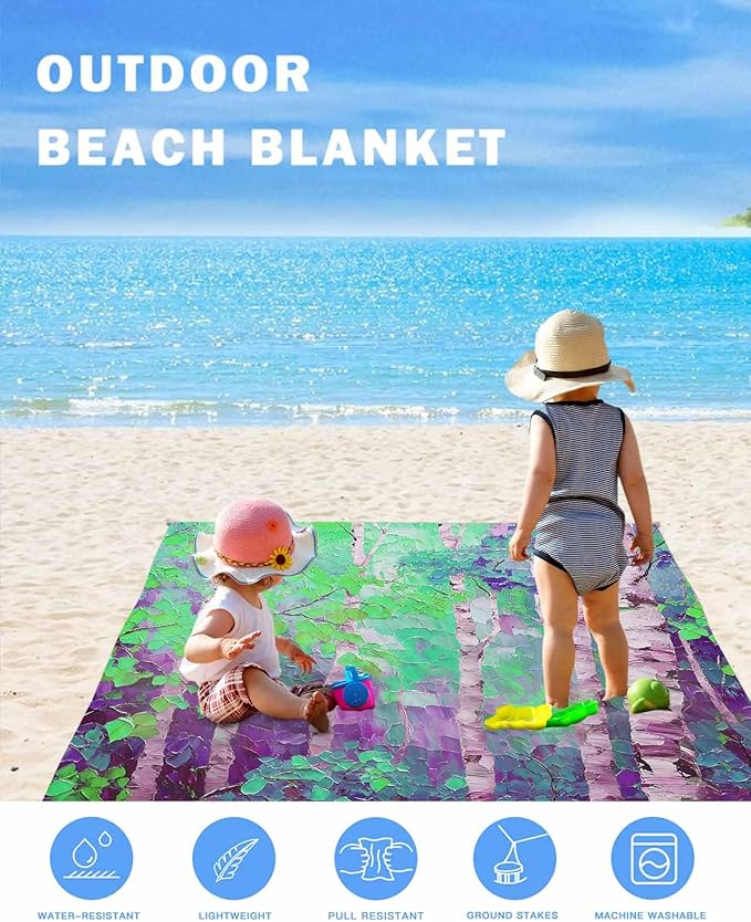 Summer Oil Painting Birch Beach Blanket Waterproof Sandproof Country Purple Tree Plant Beach Mat Quick Drying Outdoor Picnic Mat 95 x 80 for 1-5 Adults Essentials for Travel Camping Hiking