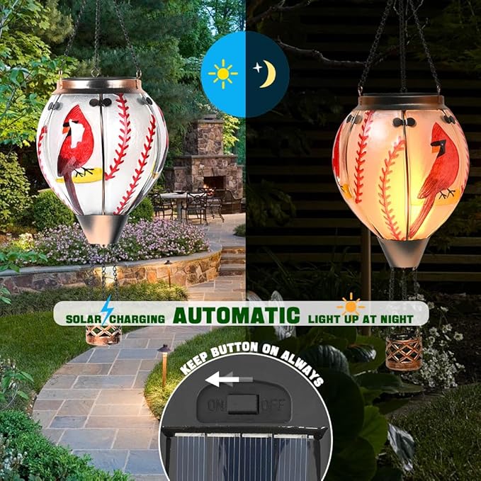 Hot Air Balloon Solar Lantern - Cardinal Bird Glass Lantern Simulated Flickering &amp Dancing Flame Outdoor Hanging Yard Light Waterproof IP65 for Patio Lawn Porch Decor Gift