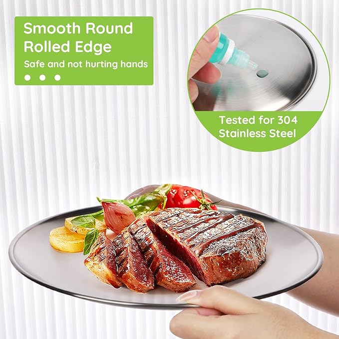 Metal Dinner Plate 4 Pack 10.2 inch 304(18/8) Stainless Steel Plates Reusable lunch salad Pizza BBQ Food Serving Snack Eating Dishes Round Shatterproof Plate Silver Dinnerware Oven Safe
