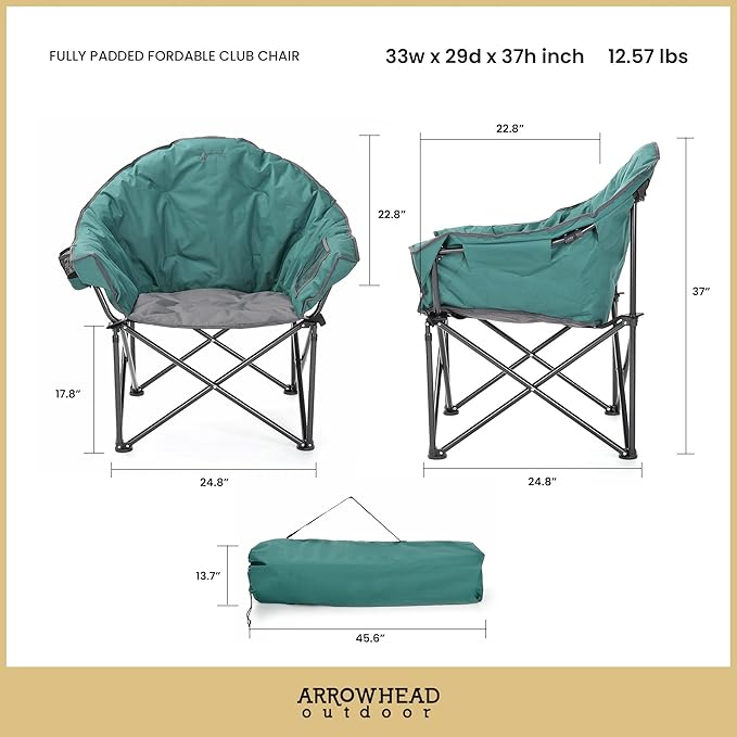 ARROWHEAD OUTDOOR 2-Pack Oversized Heavy-Duty Club Folding Camping Chair w/Pocket Cup Holder Portable Padded Moon Round Saucer Supports 330lbs